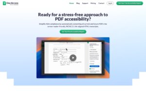 DocAccess homepage asking Ready for a stress-free approach to PDF accessibility, showing its viewer transcribing a handwritten document.